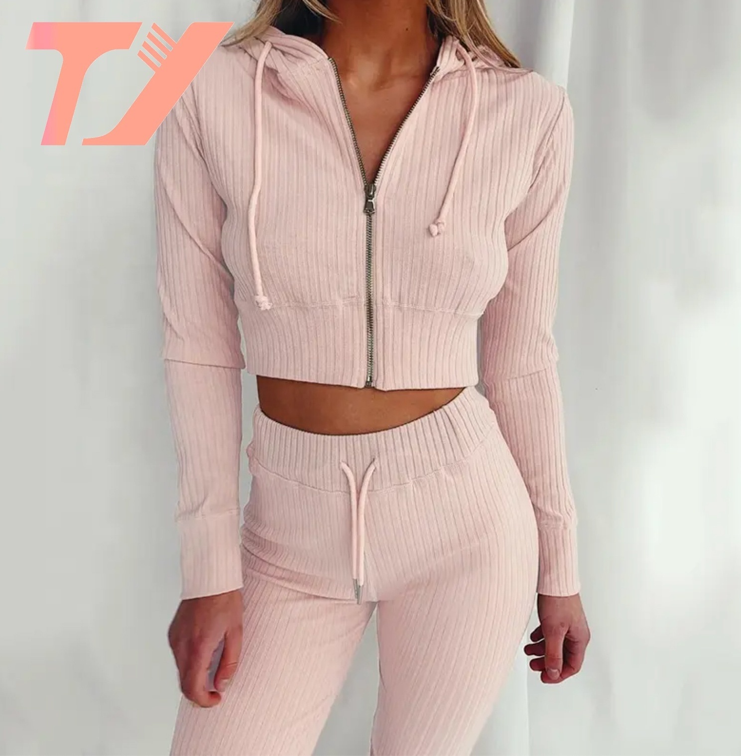 TUOYI Sweat Suits Long Sleeve Cropped Zipper Hoodie Women Two Piece Sexy Tracksuit Set