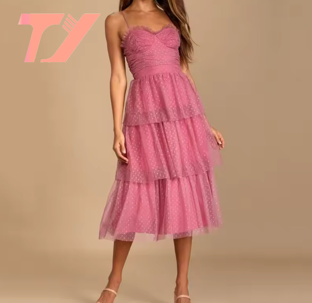 TUOYI Spaghetti Strap Ladies Summer Dress Mesh Collar Tulle Dot Pattern Midi Women Long Dress for Seaside Vacation