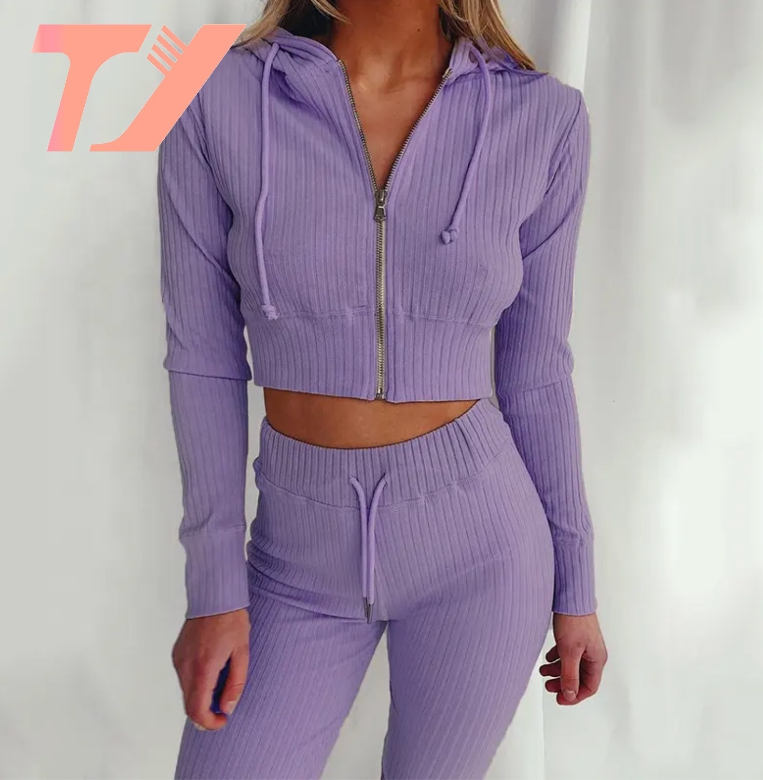 TUOYI Sweat Suits Long Sleeve Cropped Zipper Hoodie Women Two Piece Sexy Tracksuit Set