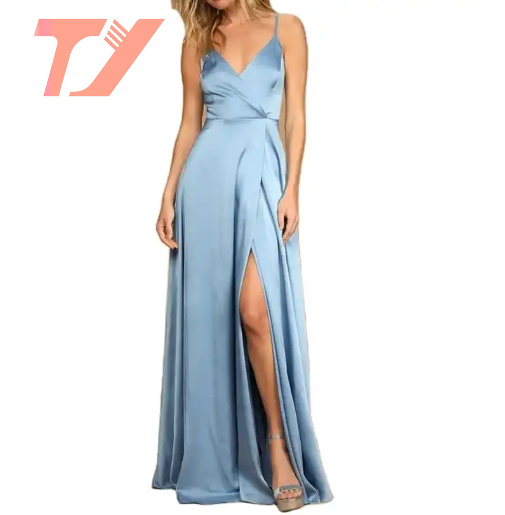 TUOYI Satin Collar Summer Women's slip Dress for Night Out Sexy Leg Slit Spaghetti Strap Evening Dress Bridesmaids