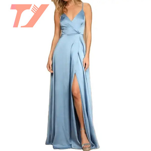 TUOYI Satin Collar Summer Women's slip Dress for Night Out Sexy Leg Slit Spaghetti Strap Evening Dress Bridesmaids