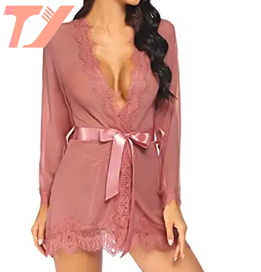 TUOYI Plain Sexy Nightgown Feather Robe Satin Bridal Boudoir Robe WIth Fur Fluffy Sleeves Chiffon Lingerie Long Wedding