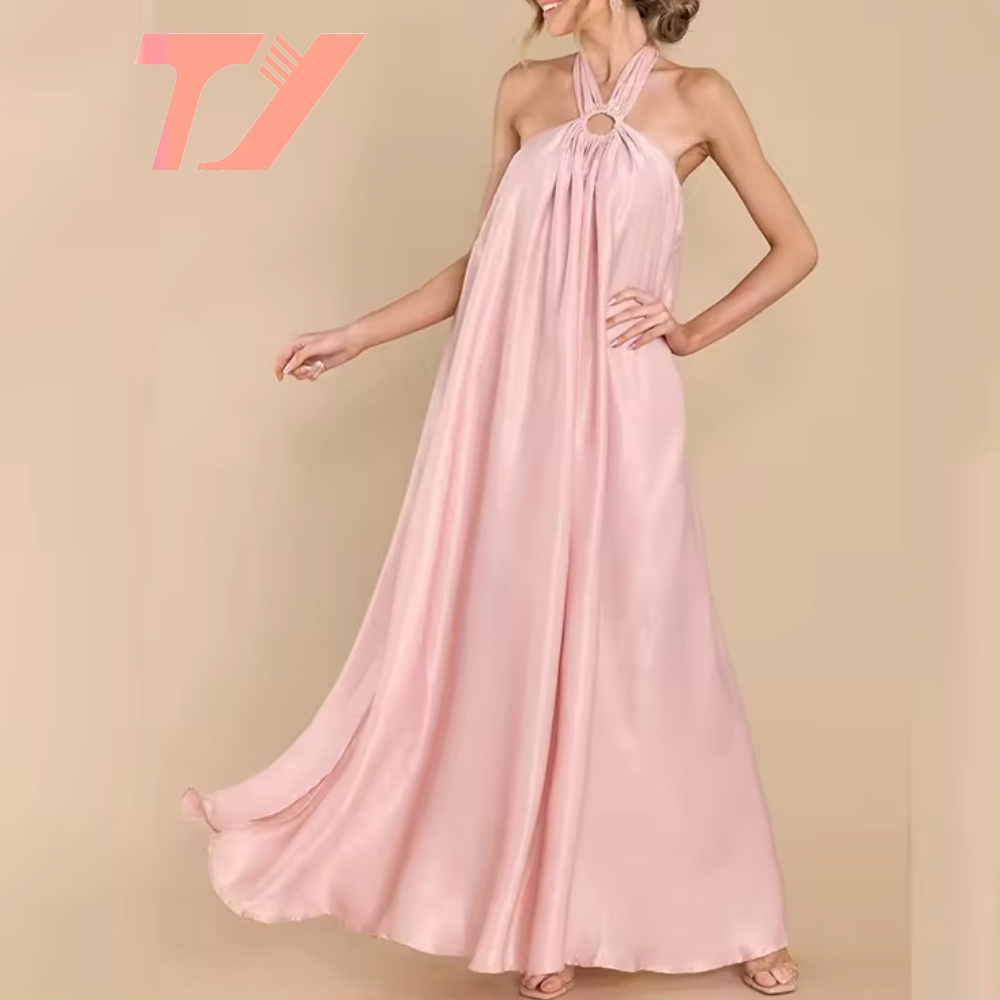 TUOYI high quality elegant factory clothing women spaghetti strap backless ruffle dress wholesale custom pink split satin dress