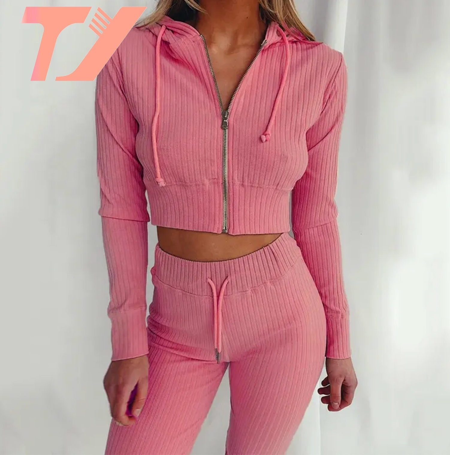 TUOYI Sweat Suits Long Sleeve Cropped Zipper Hoodie Women Two Piece Sexy Tracksuit Set