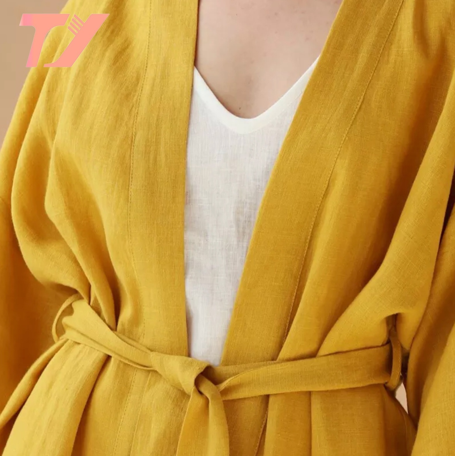 TUOYI Wholesale women yellow Long sleeve luxury bathrobe Custom Slub cotton and linen SPA nightgownBelted Kimono Robe