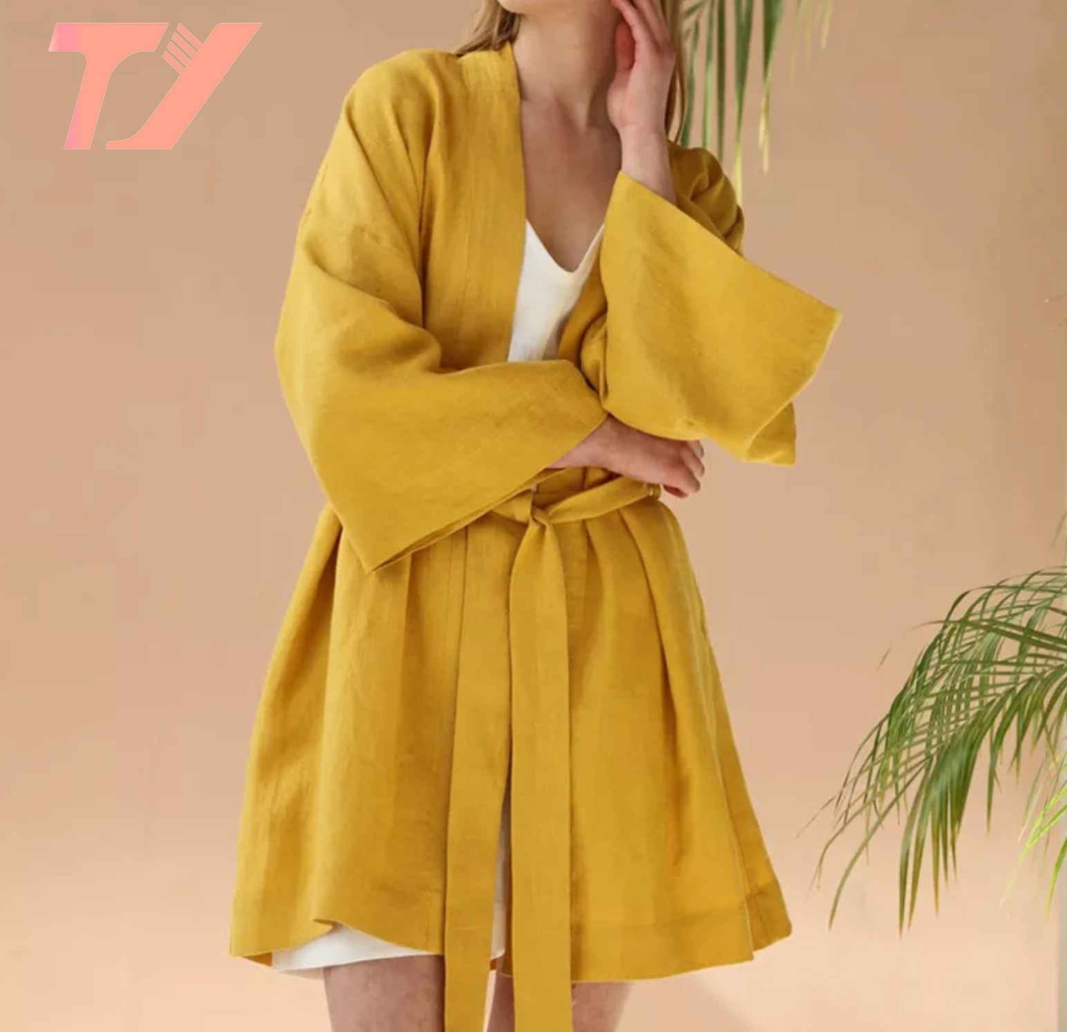 TUOYI Wholesale women yellow Long sleeve luxury bathrobe Custom Slub cotton and linen SPA nightgownBelted Kimono Robe