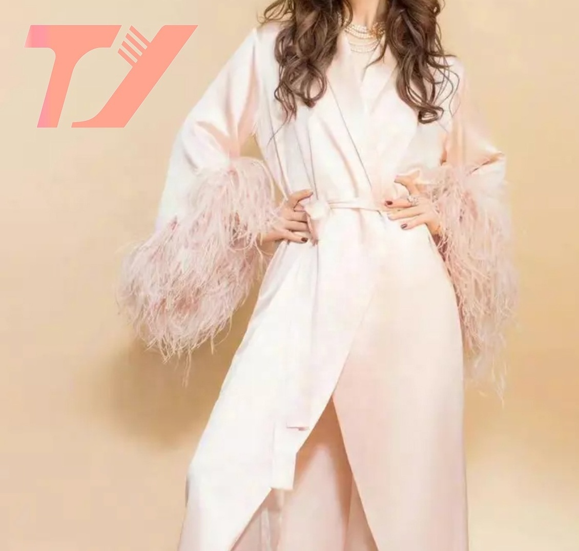 Customizable Factory Price Long Sleeve Silk Pajamas Feather Cuffs Pure Pink Color Luxury Bridal And Bridesmaid Party Robes