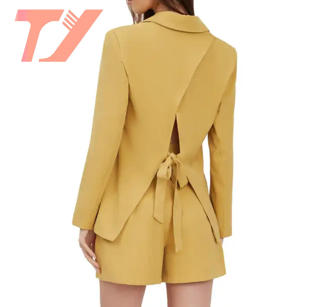 TUOYI New design casual style women's suit 3D packet high quality lace-up yellow suits