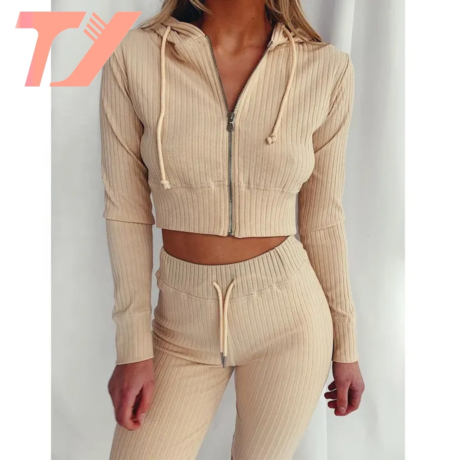 TUOYI Sweat Suits Long Sleeve Cropped Zipper Hoodie Women Two Piece Sexy Tracksuit Set