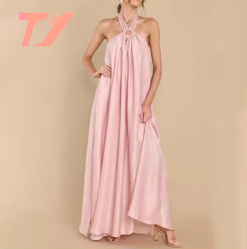 TUOYI high quality elegant factory clothing women spaghetti strap backless ruffle dress wholesale custom pink split satin dress