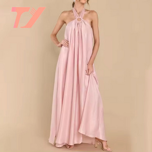 TUOYI high quality elegant factory clothing women spaghetti strap backless ruffle dress wholesale custom pink split satin dress