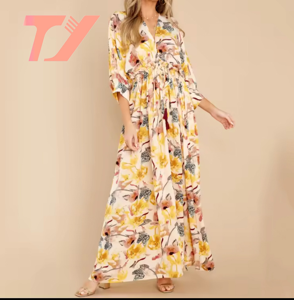 TUOYI Design Autumn Ladies V Neck Half Sleeve Cotton Ladies Long Dress Floral Print High Slit Waist Lace Up Summer Dresses Women