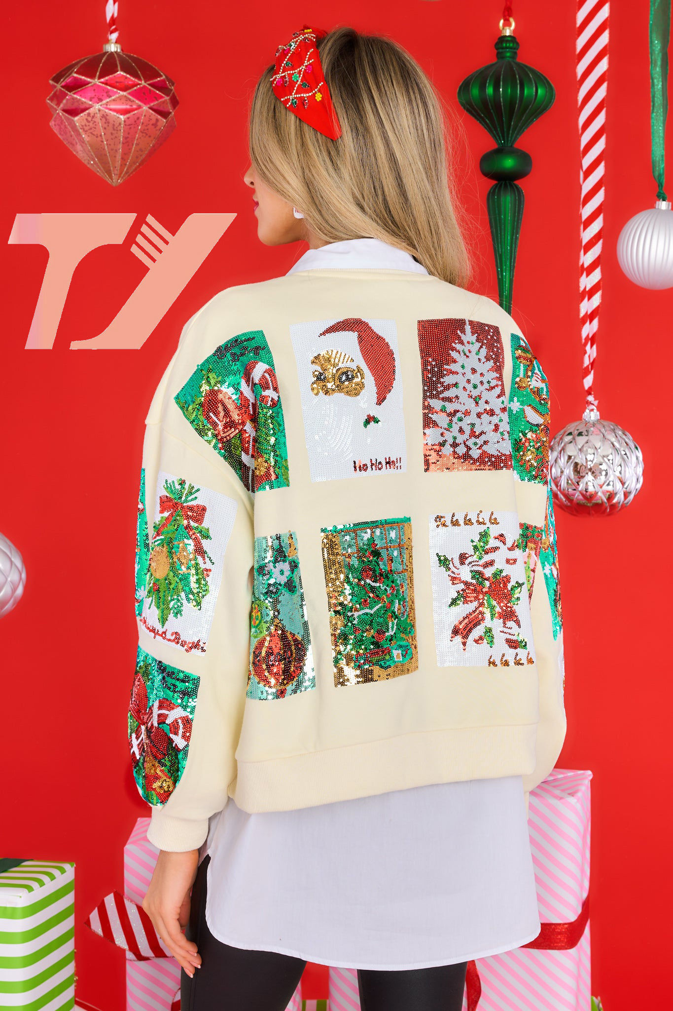 TUOYI Customized Color Block Patchwork Snowflake Pattern Round Neck Casual Pullover Christmas Sweater