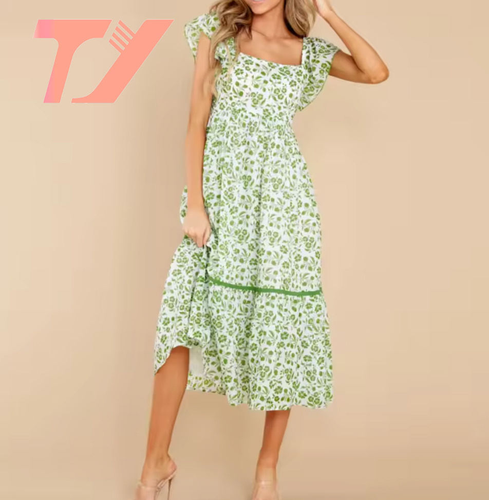 TUOYI factory designer lace up beach dress wholesale cotton linen boho custom modest long dress women