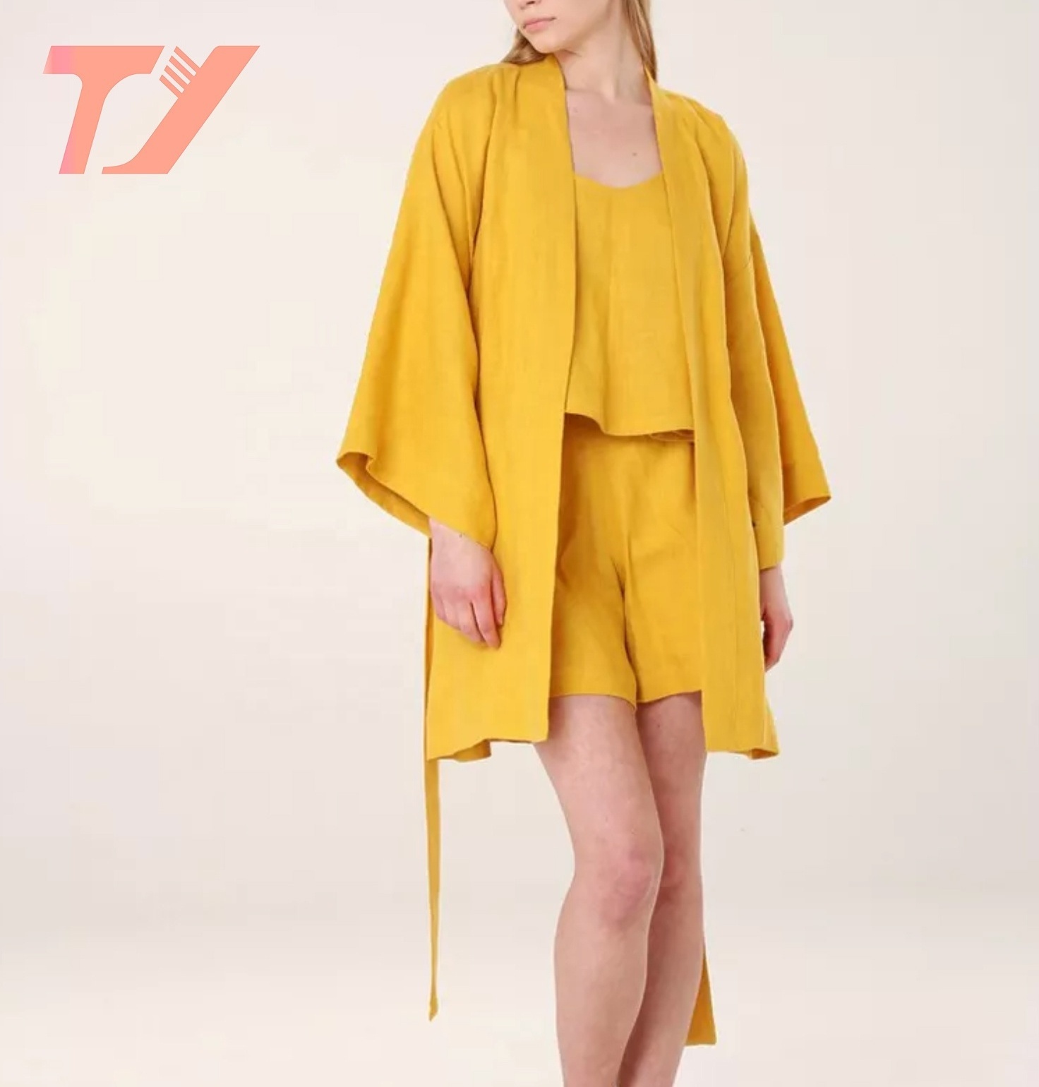 TUOYI Wholesale women yellow Long sleeve luxury bathrobe Custom Slub cotton and linen SPA nightgownBelted Kimono Robe