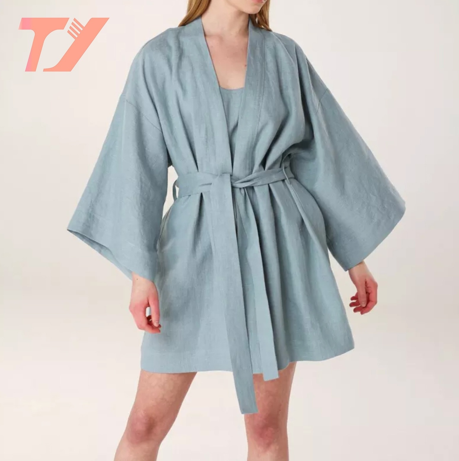 TUOYI Wholesale women yellow Long sleeve luxury bathrobe Custom Slub cotton and linen SPA nightgownBelted Kimono Robe