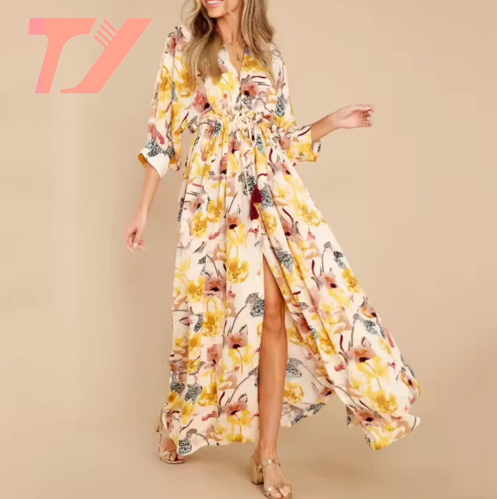 TUOYI Design Autumn Ladies V Neck Half Sleeve Cotton Ladies Long Dress Floral Print High Slit Waist Lace Up Summer Dresses Women