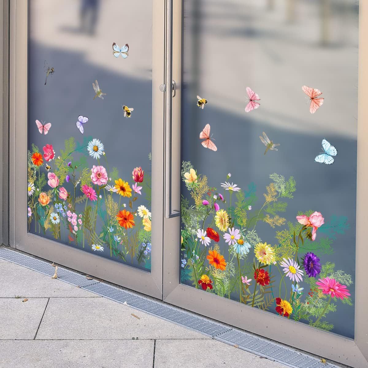 Floral Print Electrostatic Window Film,Butterfly Bouquet Window Film,Oil Proof Waterproof Sticker Wall Art Decor Window Clings