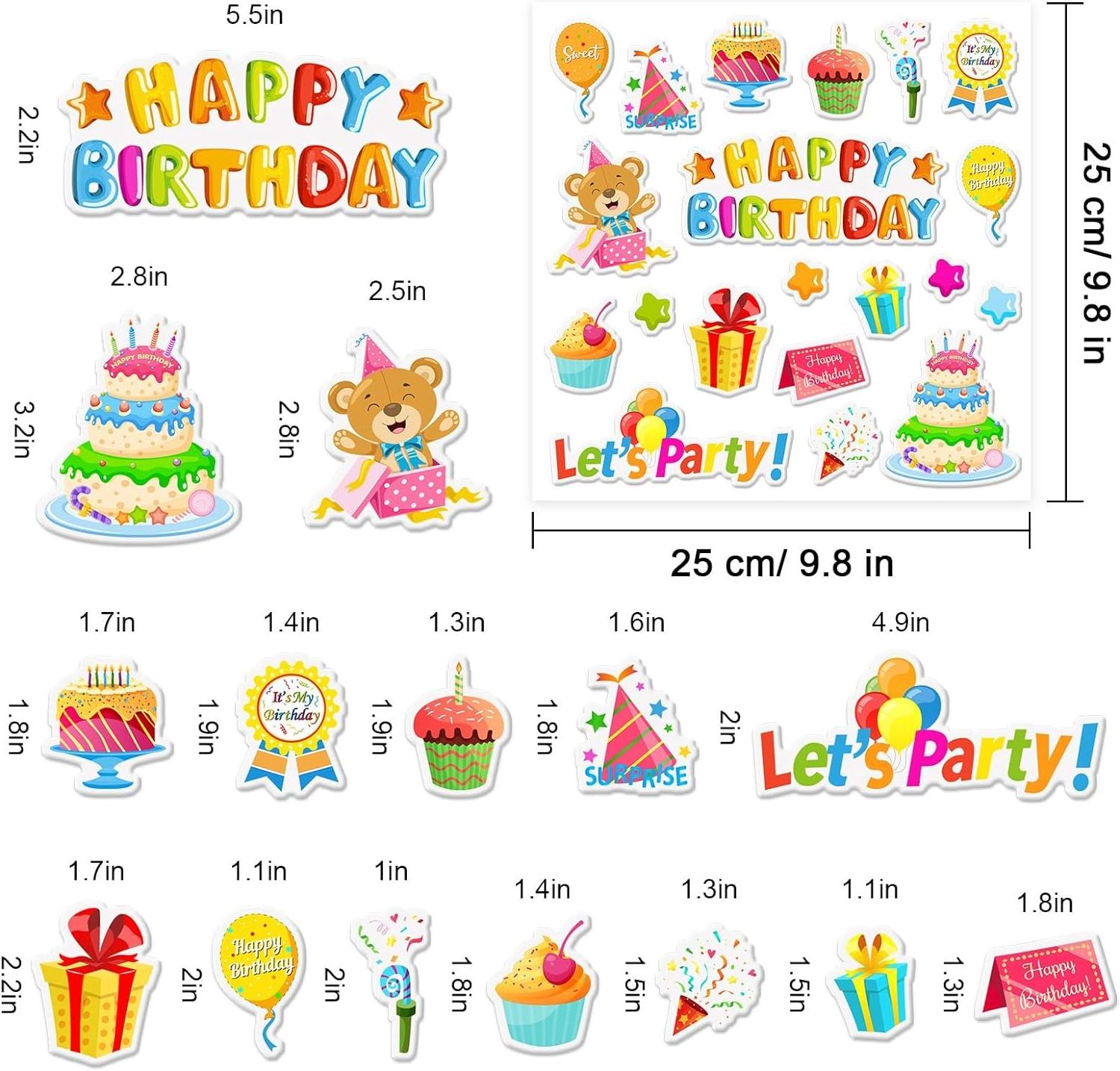 Happy Birthday Window Gel Decals Birthday Cake Gifts Balloons Gel Stickers for Birthday Party Supplies School Home Decoration