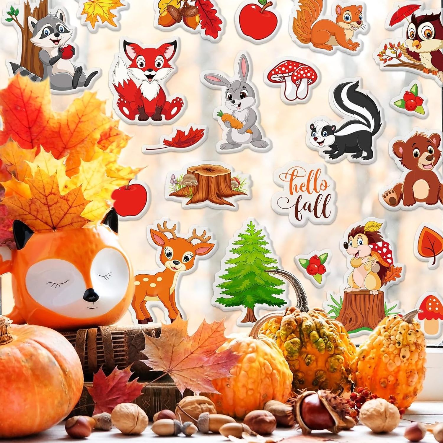 Fall Thick Gel Clings Woodland Animals Window Gel Decals for Autumn Thanksgiving Harvest Home Classroom Door Window Decor