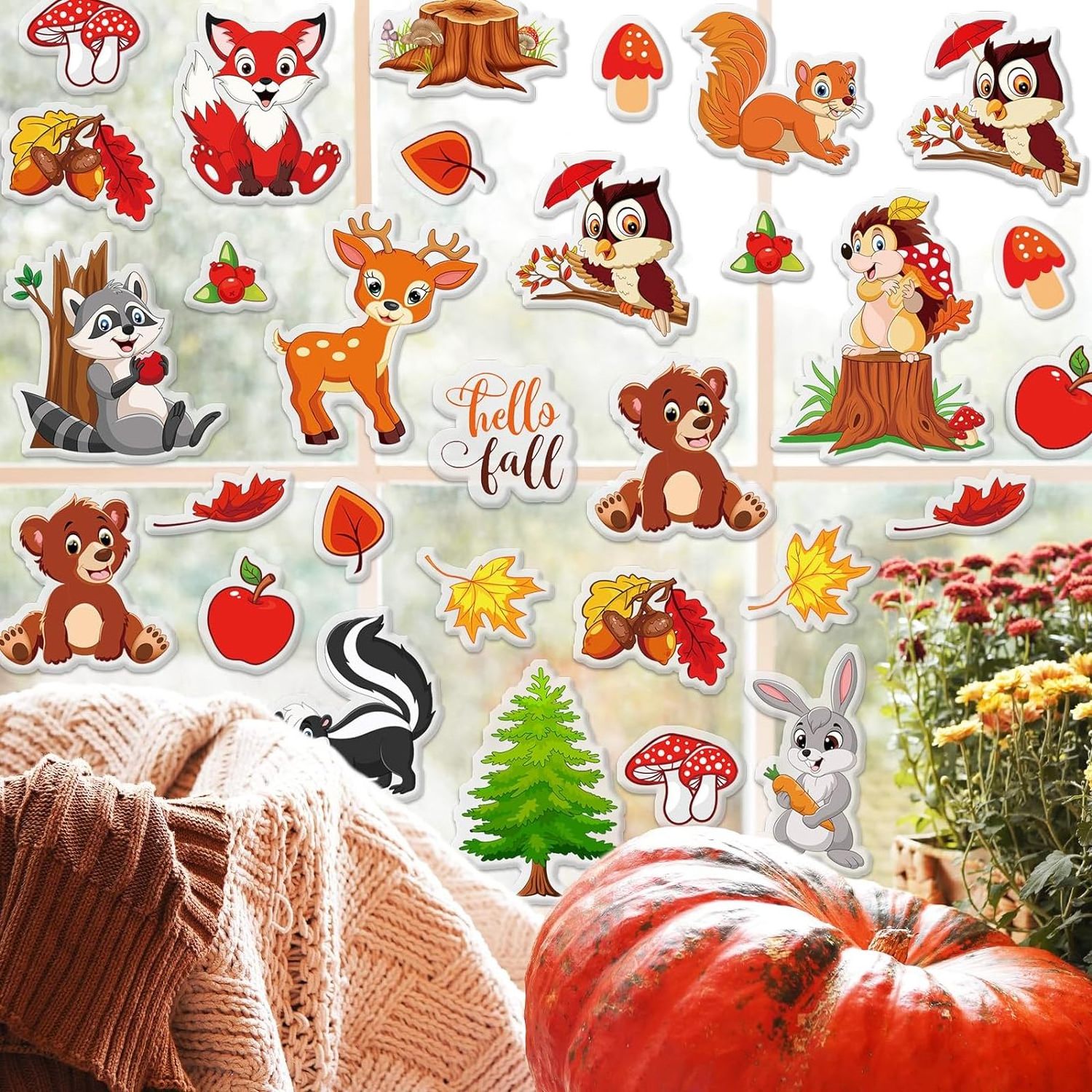 Fall Thick Gel Clings Woodland Animals Window Gel Decals for Autumn Thanksgiving Harvest Home Classroom Door Window Decor