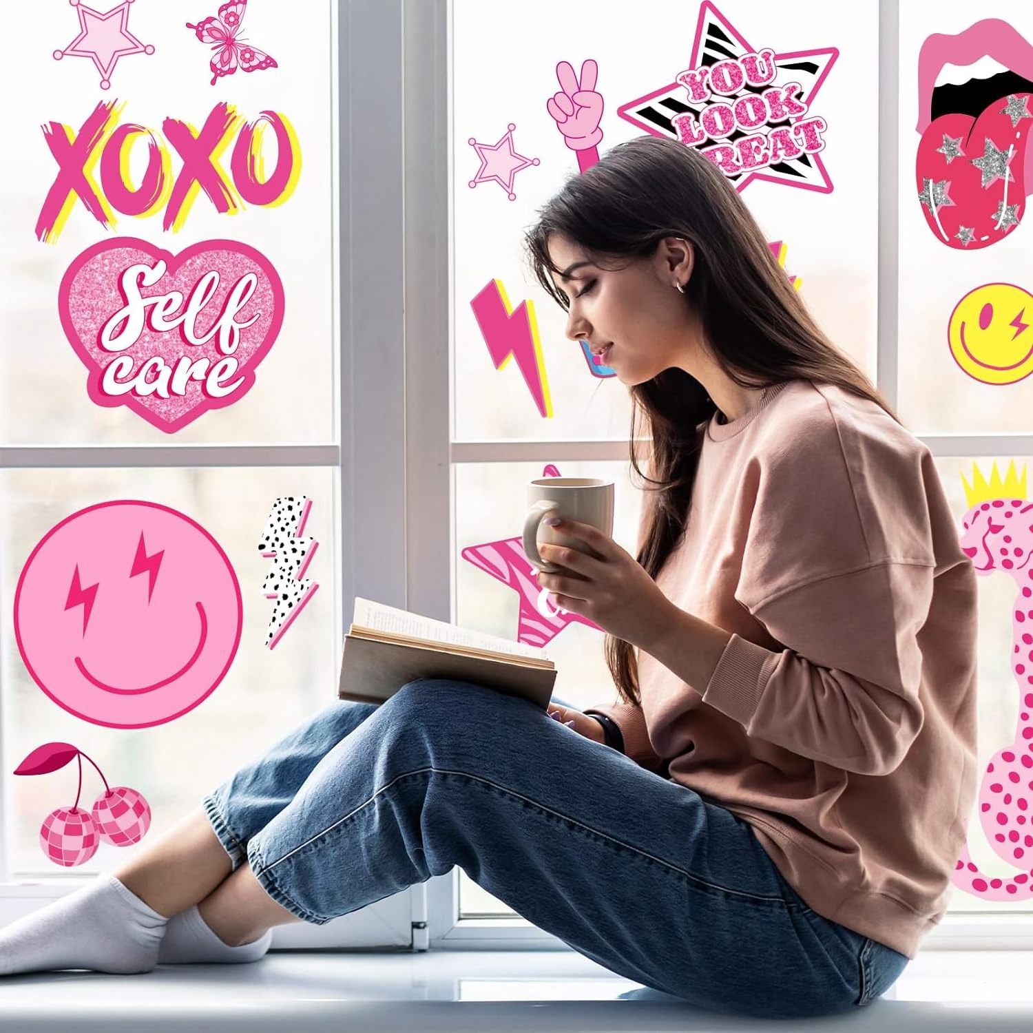 Pink Gel Window Sticker Lightning Star Smile Face for School Dorm Bedroom Living Room Nursery