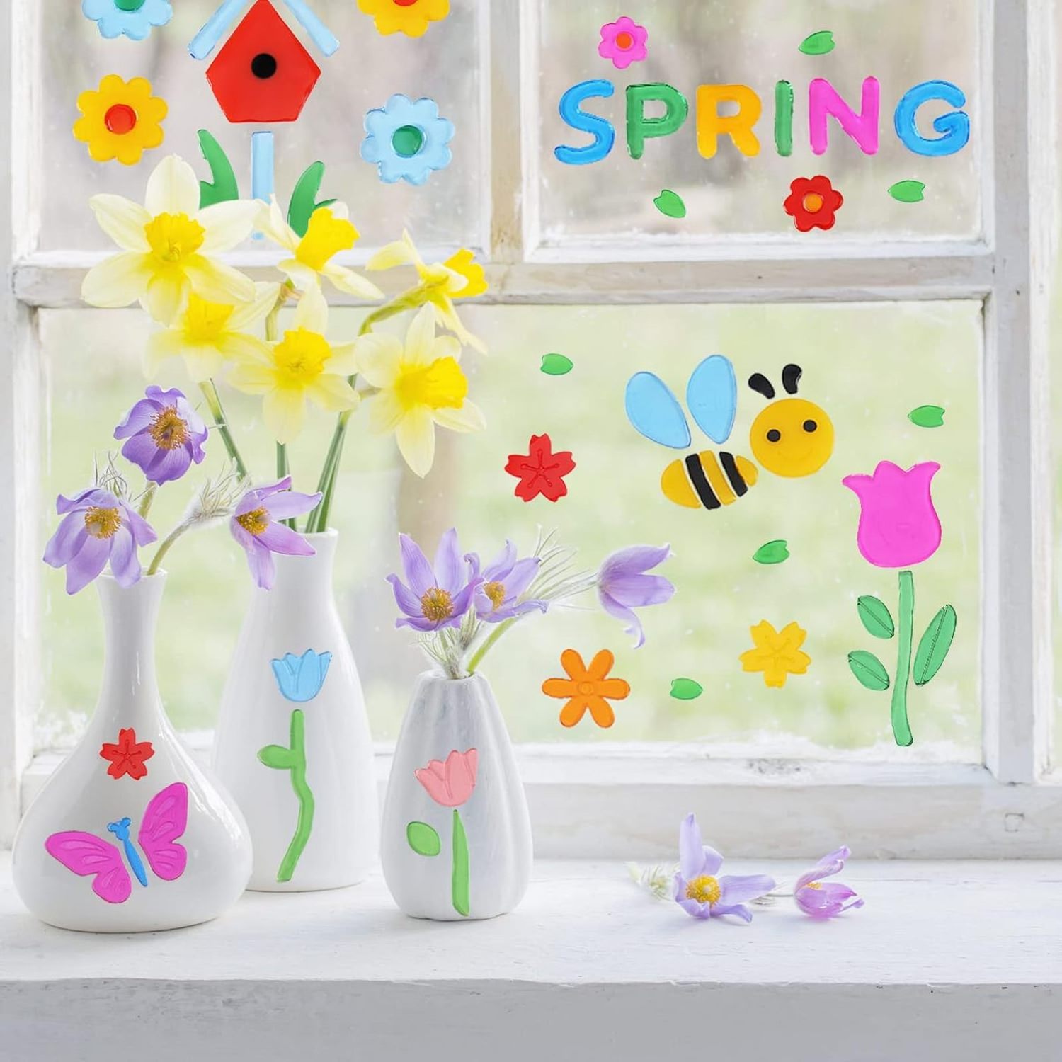 Spring Window Gel Stickers Flowers Butterflies Bee Beetle Bird Stickers  Decorations for Refrigerators Bedroom Office School