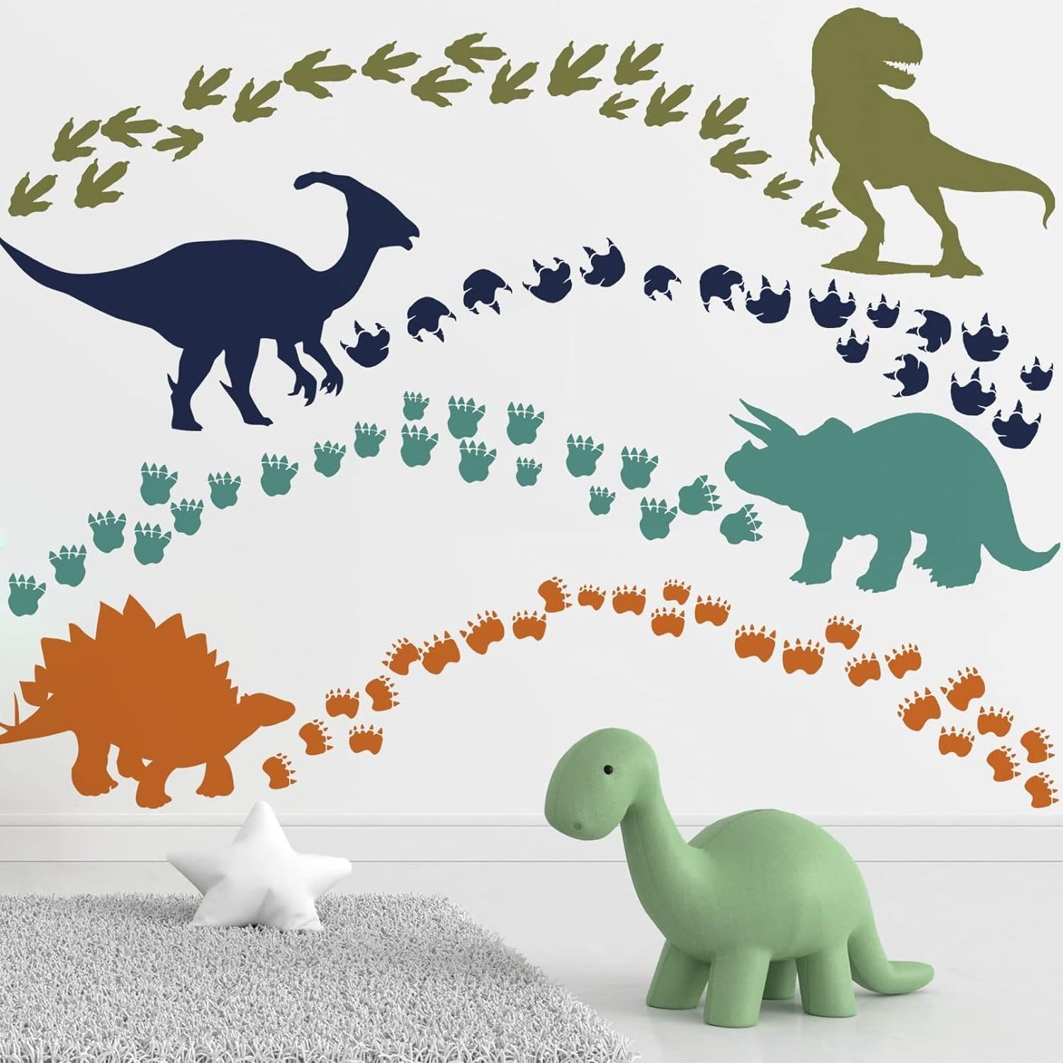 Dinosaur Footprints Wall Decals Stickers For Nursery Baby Bedroom Playroom , Watercolor Animal Toddler Kids Room Decor Gift