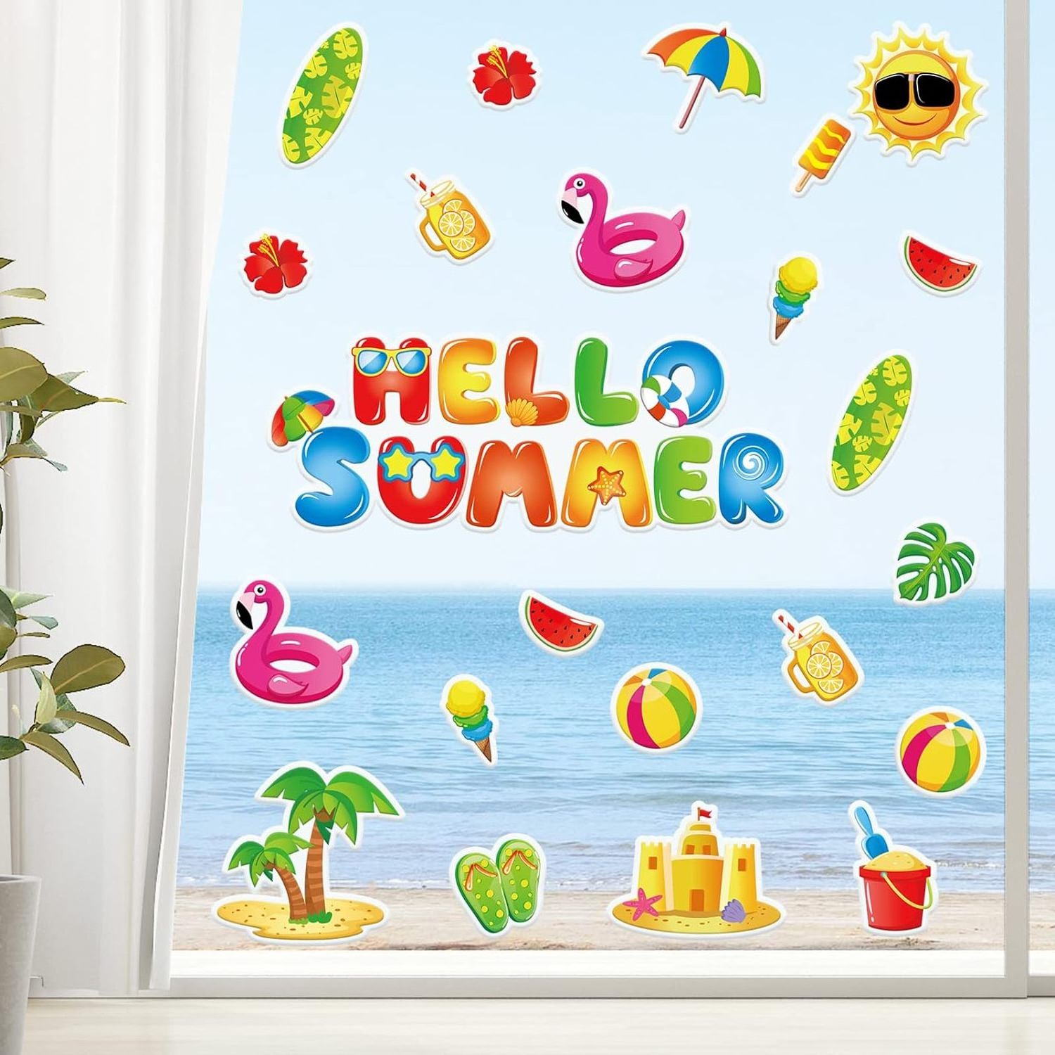 Summer Beach Hawaiian Tropic Window Gel Stickers Reusable Gel Decals for Home Classroom Window Summer Party Supplies Gift