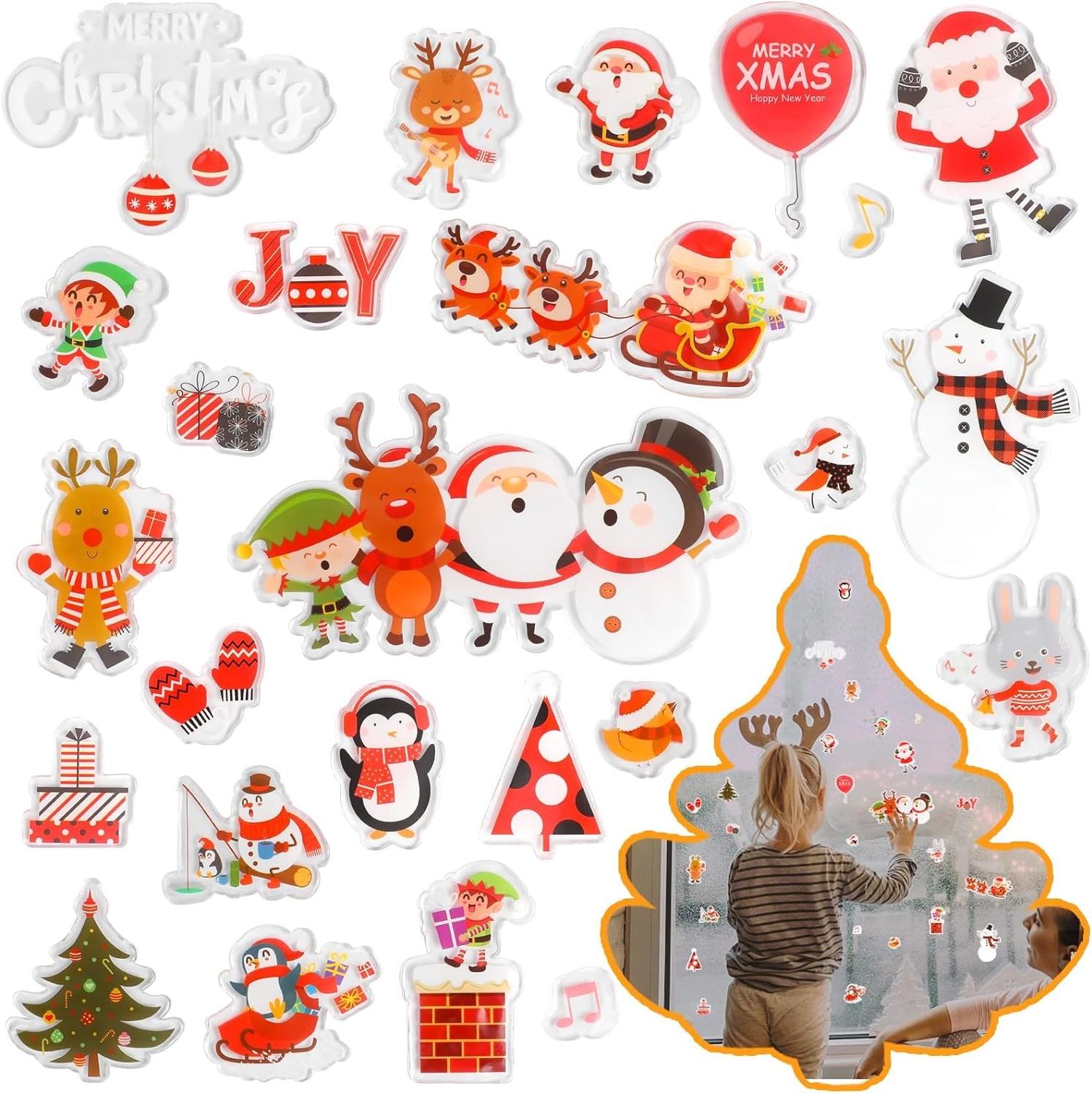 Reusable Christmas Gel Clings,Xmas Tree Santa Claus Penguin Elk Snowman Stickers for Window Home Mirrors Decoration