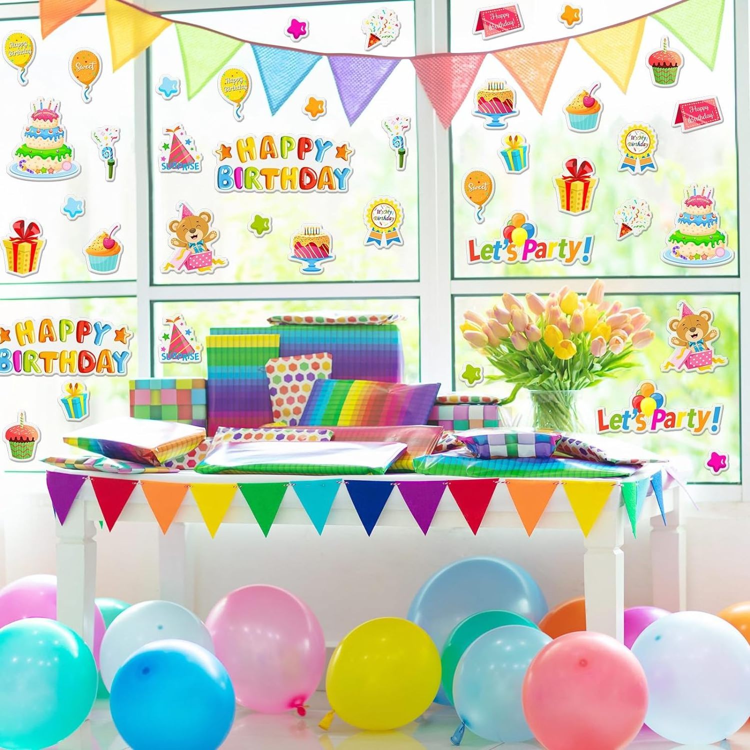 Happy Birthday Window Gel Decals Birthday Cake Gifts Balloons Gel Stickers for Birthday Party Supplies School Home Decoration