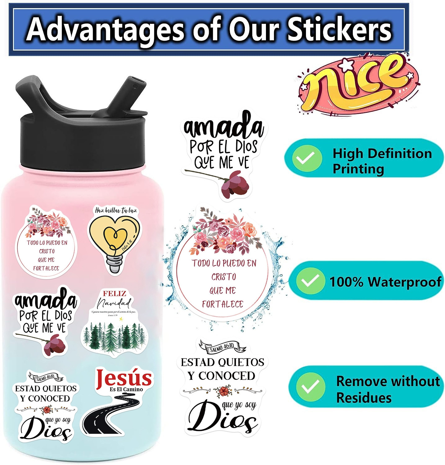 50Pcs Aesthetic Jesus Phrase Stickers for Water Bottles,Cute Vsco Religious Bible Verse Stickers Decals Laptop Skateboard