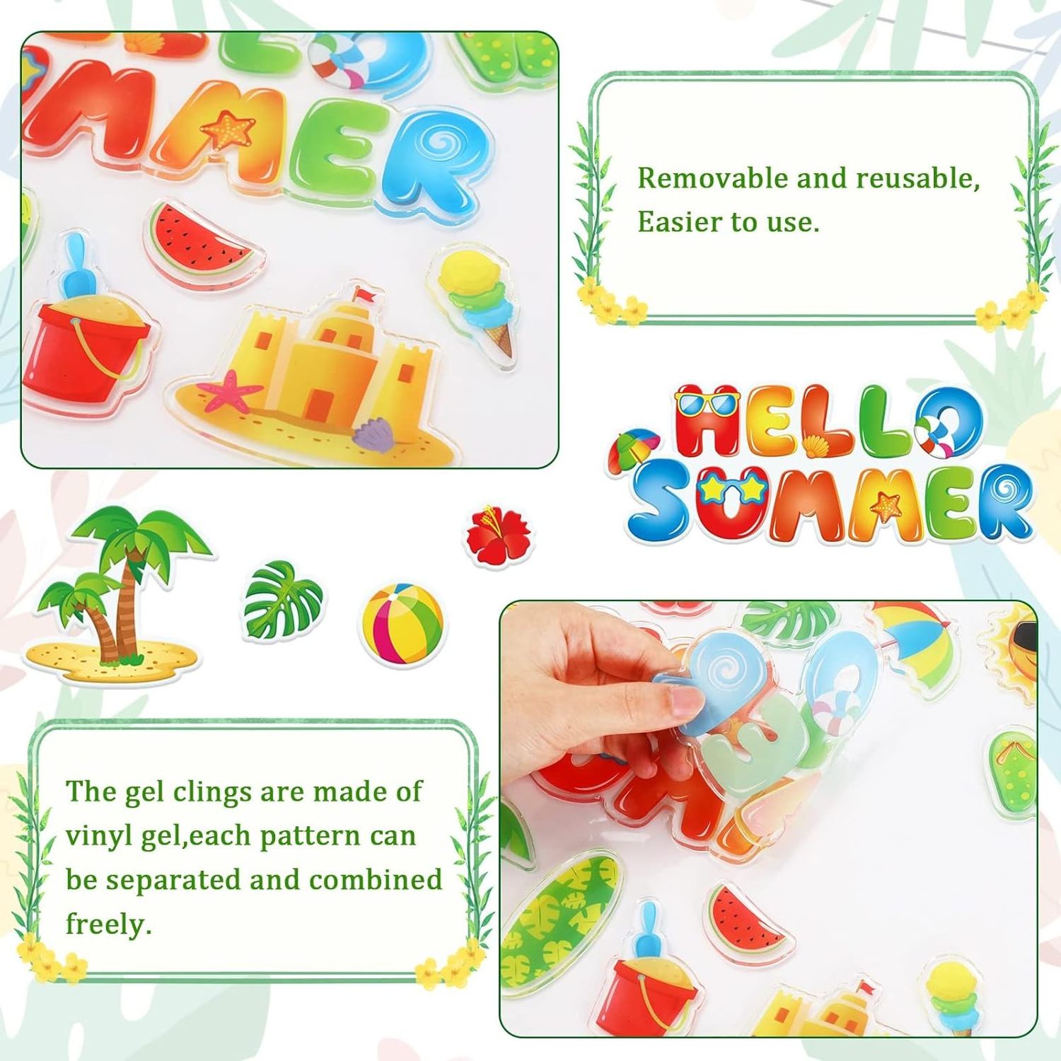 Summer Beach Hawaiian Tropic Window Gel Stickers Reusable Gel Decals for Home Classroom Window Summer Party Supplies Gift