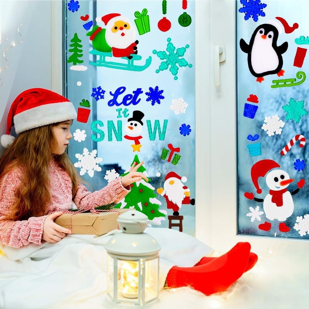 Christmas Gel Window Clings,Xmas Santa Snowman Snowflake Penguin Window Clings Sticker for Christmas Window Decors