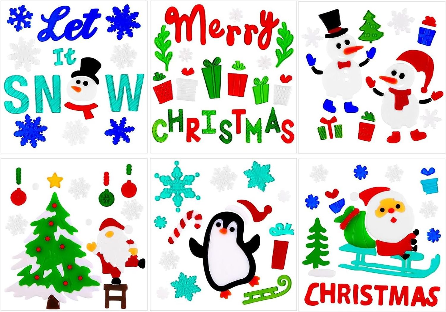 Christmas Gel Window Clings,Xmas Santa Snowman Snowflake Penguin Window Clings Sticker for Christmas Window Decors