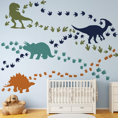 Dinosaur Footprints Wall Decals Stickers For Nursery Baby Bedroom Playroom , Watercolor Animal Toddler Kids Room Decor Gift