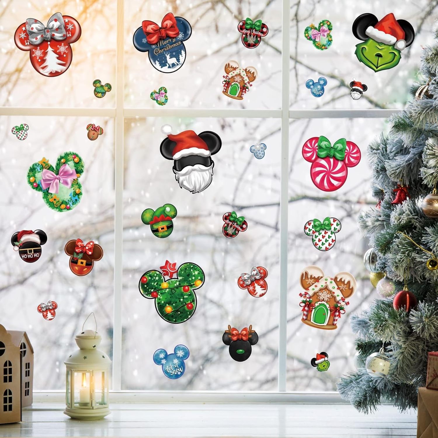 Christmas Mouse Window Clings Decor, Reusable Xmas Holiday Mouse Clings for Home School Office Christmas Party Decor