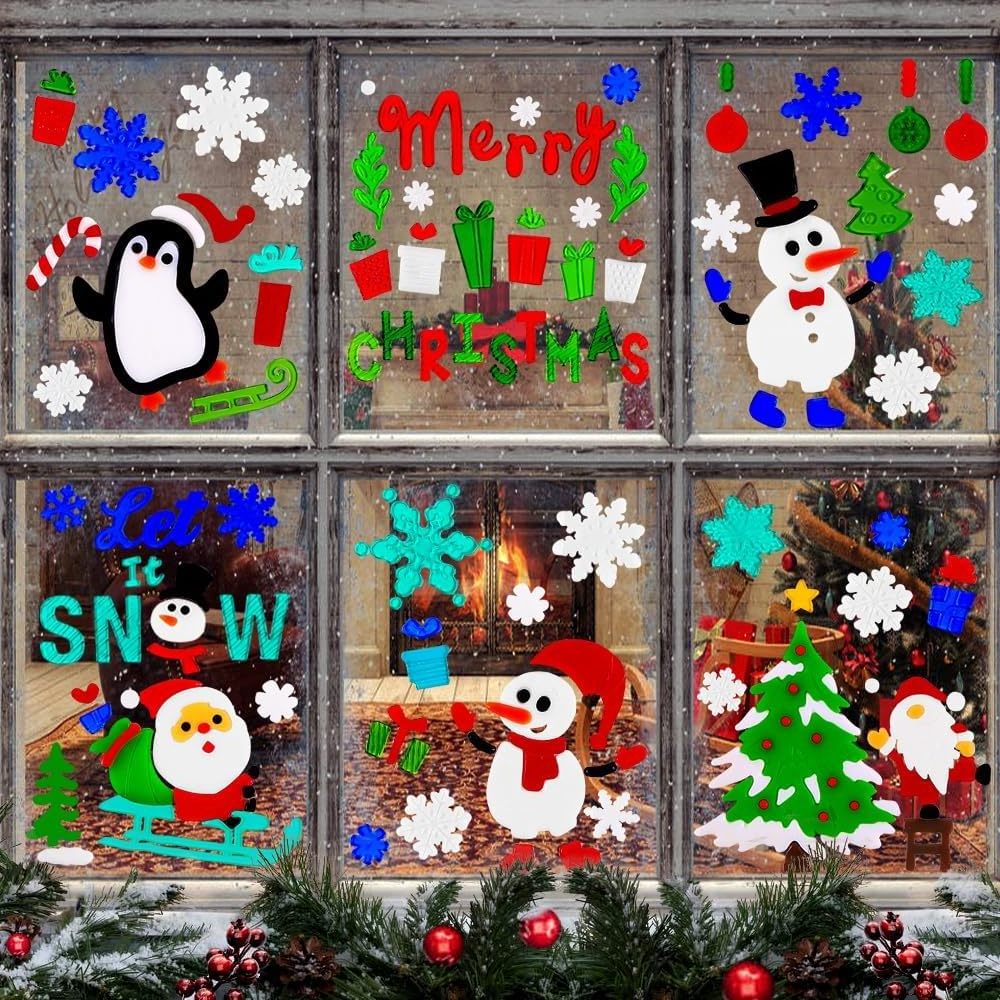 Christmas Gel Window Clings,Xmas Santa Snowman Snowflake Penguin Window Clings Sticker for Christmas Window Decors