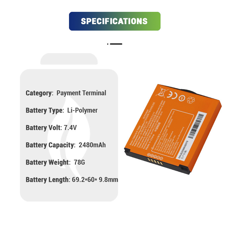 Li-polymer 7.6V 2480mAh Replacement 2ICP5/58/84 T6900 lipo battery for Summi P2 POS Payment Terminal