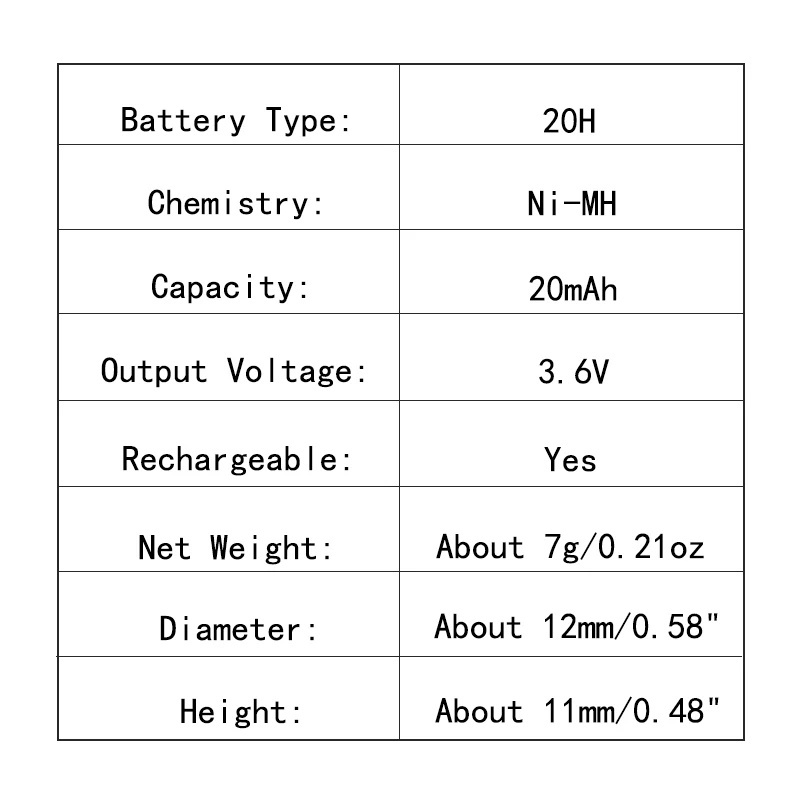 3.6V 20mAh Button Cell 12H 20H Ni-MH Rechargeable Battery Pack with Solder Pins