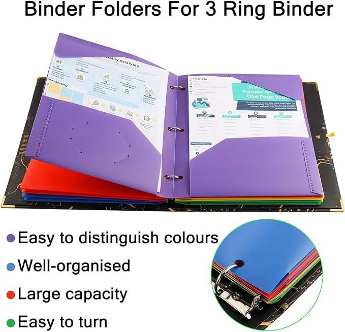 Custom Printing Letter Size Business Folders 3 Hole Punched Plastic 2 Pockets Stationery File Folders Fit in 3 Ring Binder