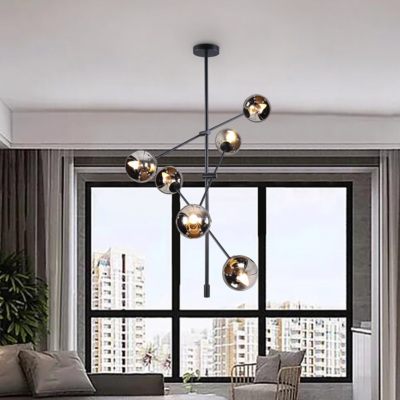 Nordic 6 Light Irregular Metal Pendant Lamp Dining Room Black Agate Glass Hanging Ceiling Lamp