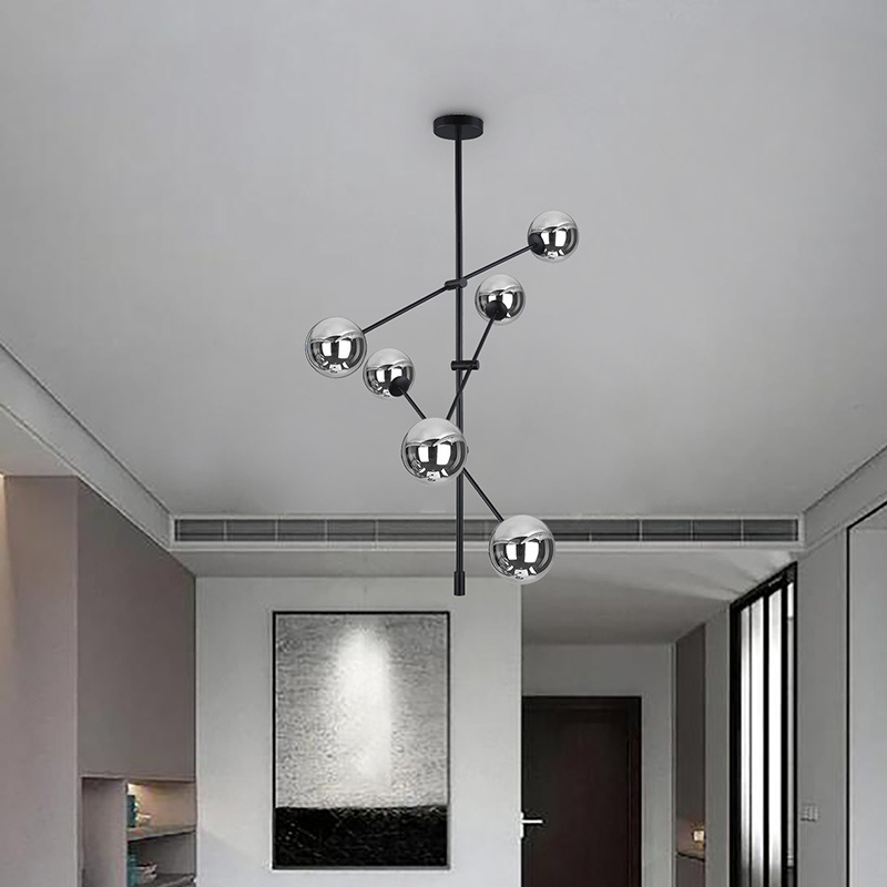 Nordic 6 Light Irregular Metal Pendant Lamp Dining Room Black Agate Glass Hanging Ceiling Lamp