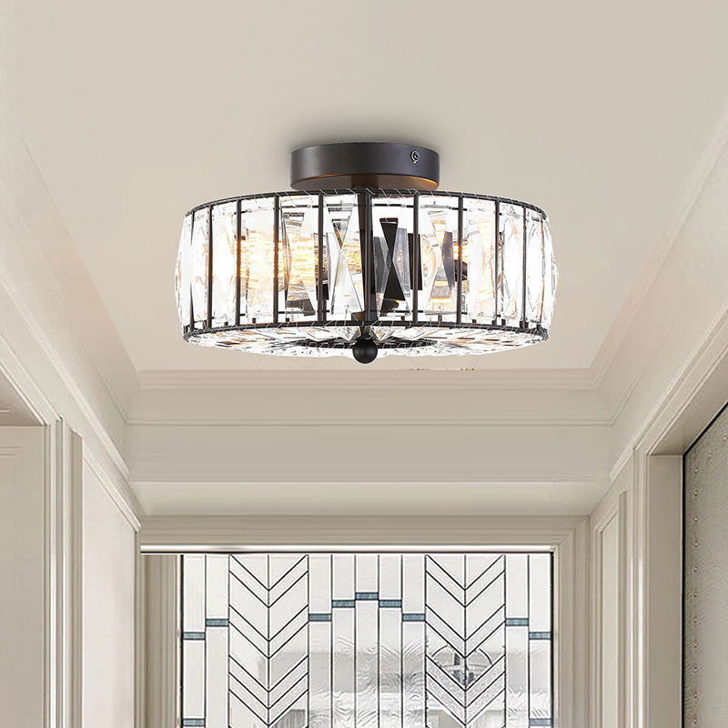 Crystal Round Semi Flush Mount Modern Close to  Light Fixture Cylinder Drum Shade Ceiling pendant Lamp