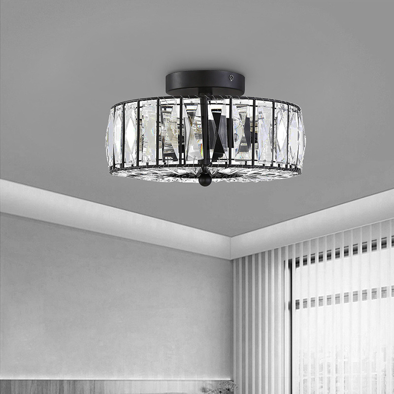 Crystal Round Semi Flush Mount Modern Close to  Light Fixture Cylinder Drum Shade Ceiling pendant Lamp