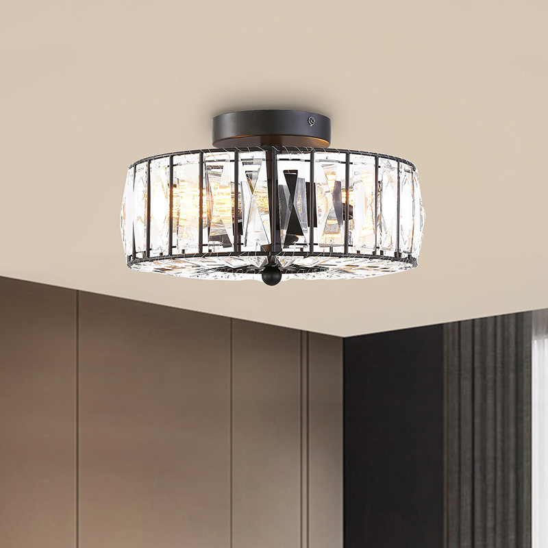 Crystal Round Semi Flush Mount Modern Close to  Light Fixture Cylinder Drum Shade Ceiling pendant Lamp