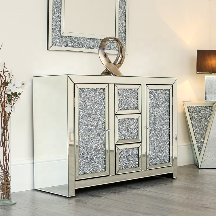 Handmade Crush Diamond Mirrored Side Board Cabinet