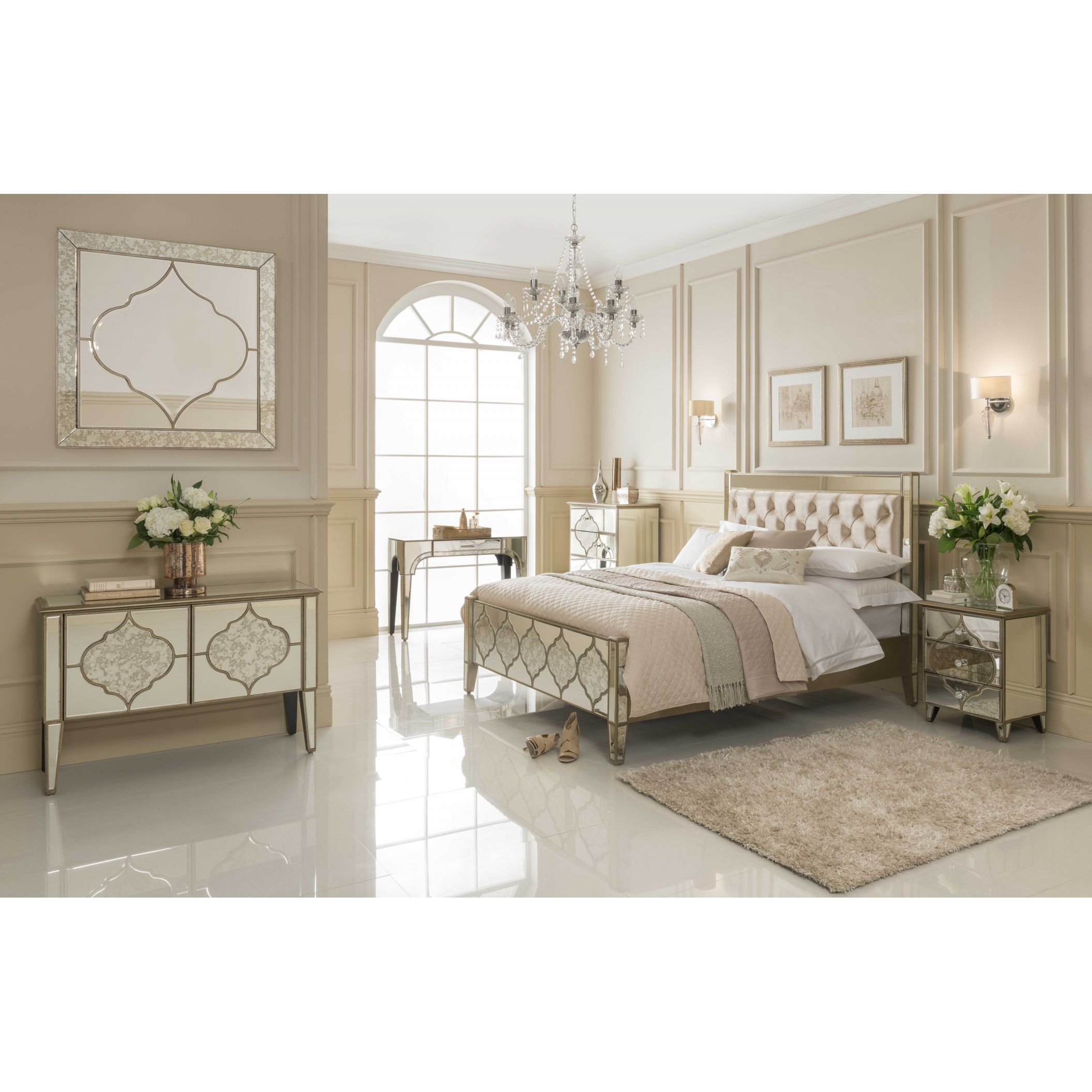 Popular Modern European style glass and silver MDF for home furniture Mirrored Bed