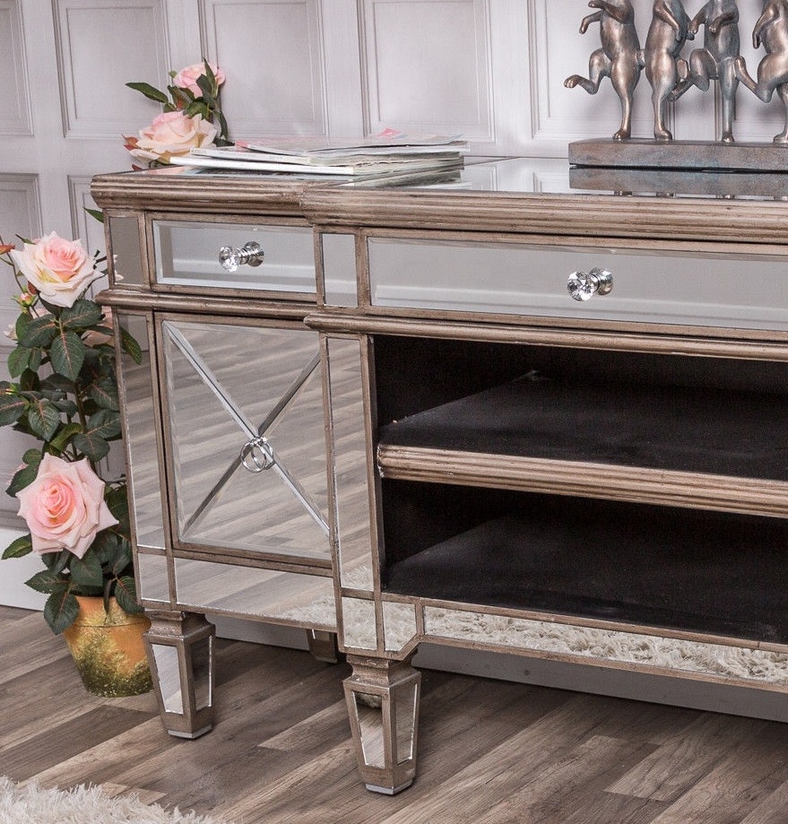 Classic mirrored TV stand TV cabinet with 3 drawers two showcases and 2 doors