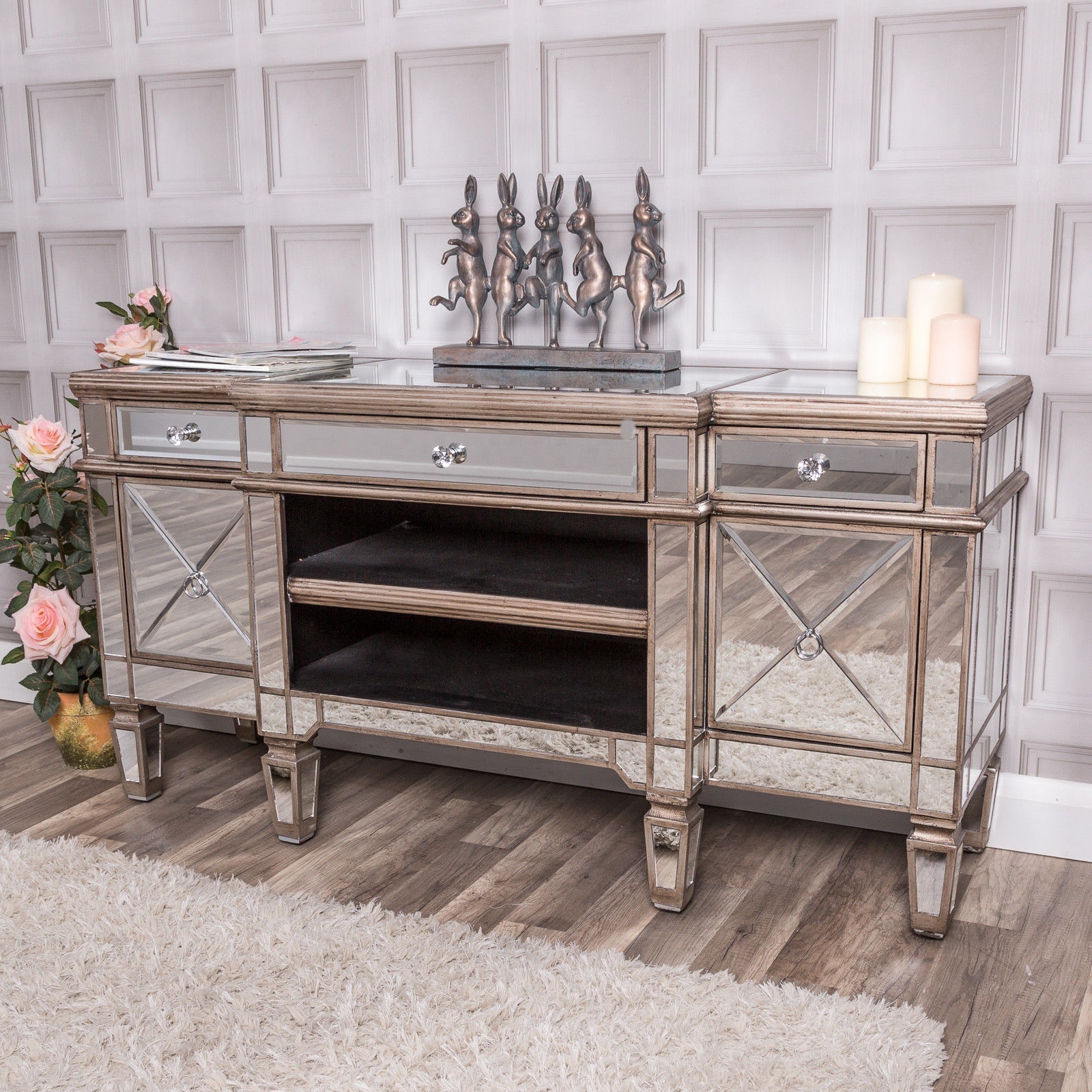 Classic mirrored TV stand TV cabinet with 3 drawers two showcases and 2 doors